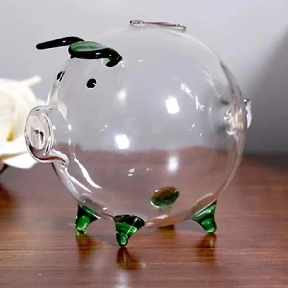Clear Glass Piggy Bank W/Green Accents Hi-Quality Crystal-Clear Glass Hand-Made